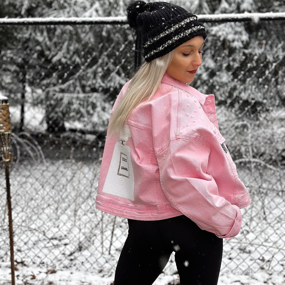 Pink coco channel handcrafted denim jacket